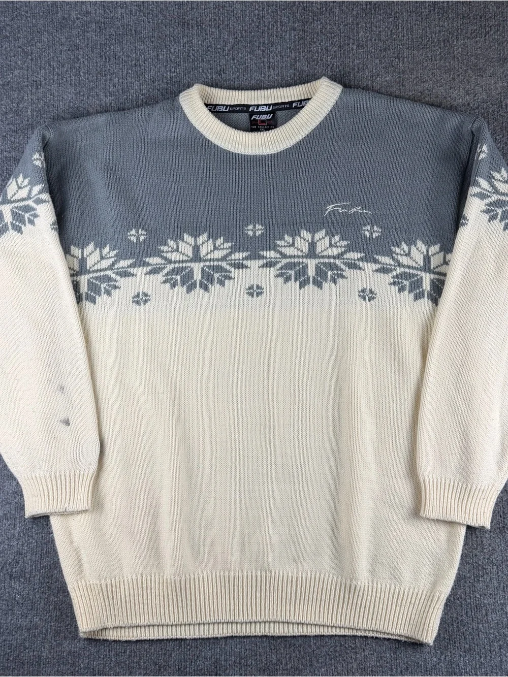 Vintage FUBU Christmas Knit Sweater Mens XXL Cream Grey Streetwear Retro Hip Hop